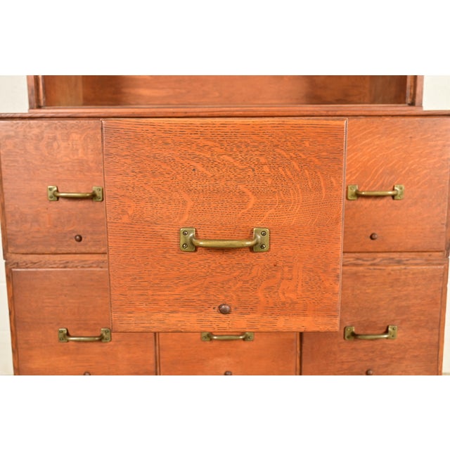 Brown Antique Mission Oak Arts & Crafts 9-Drawer File Cabinet With Barrister Bookcase, Circa 1900 For Sale - Image 8 of 17
