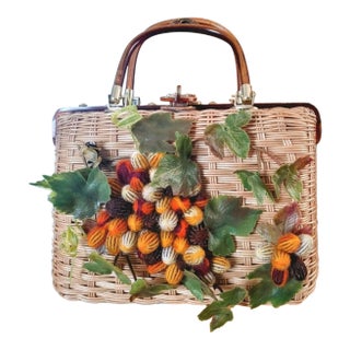1960s Princess Charming by Atlas Busy Bee in Flowers Wicker & Lucite Purse For Sale