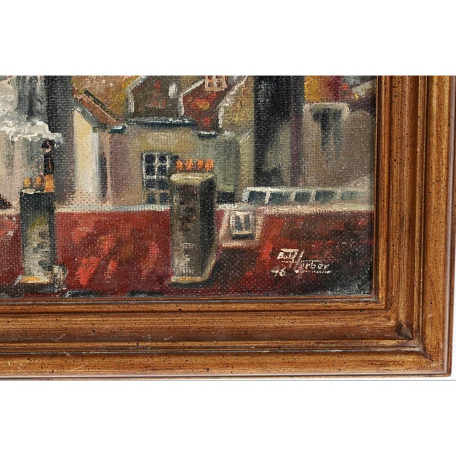 1940s San Francisco Cityscape Emerging From Fog, Bob Herber 1946 Signed Oil Painting, Original Whistler-Style Gilt Frame, Mid-Century For Sale - Image 5 of 6