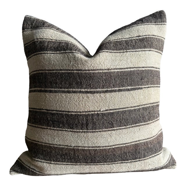 Vintage Rug Pillow Cover With Stripes For Sale
