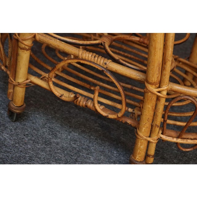 Vintage Italian Oval Bar Cart / Trolley on Caster Wheels in Bamboo and Rattan For Sale - Image 17 of 18