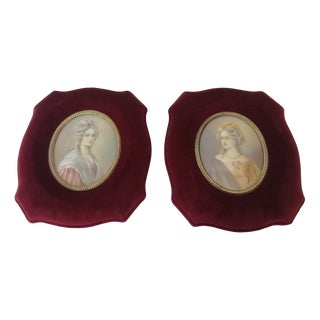 Burgundy Red Velvet and Curved Glass Frames, 1940s, Set of 2 For Sale