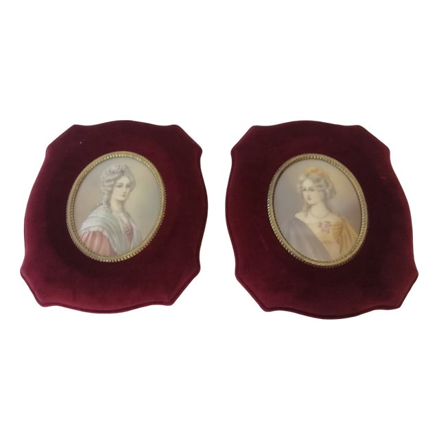 Burgundy Red Velvet and Curved Glass Frames, 1940s, Set of 2 For Sale