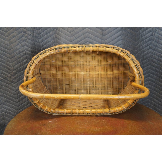 Large Vintage Woven Wicker Harvest Basket with Bentwood Bamboo Handle For Sale - Image 10 of 11