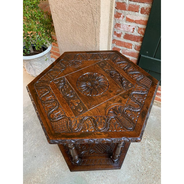 Antique French Carved Oak Center Side Table Hexagon Two Tier Shelf C1890 For Sale - Image 9 of 13