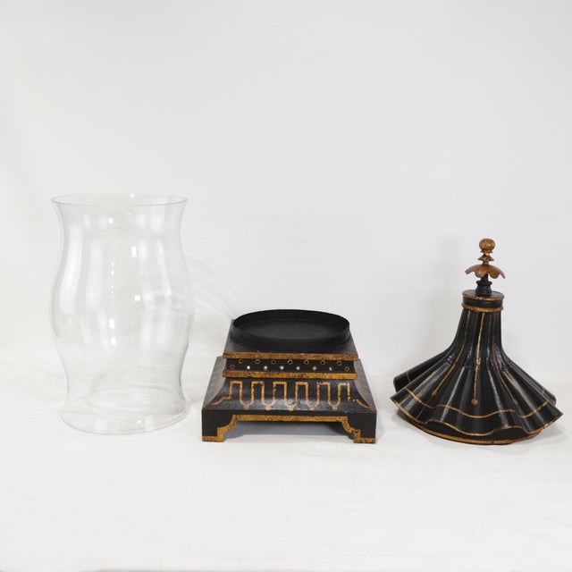 Chinoiserie Vintage Black and Gold Pagoda Top Hurrican Candle Holder Lantern With Glass Globe For Sale - Image 3 of 11