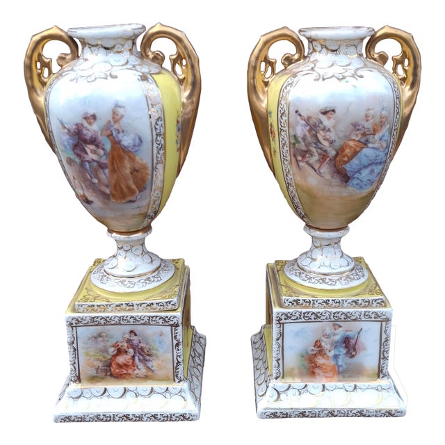 Pair Hand Painted Royal Vienna Porcelain Two-Handle Vases , Circa 1880s For Sale