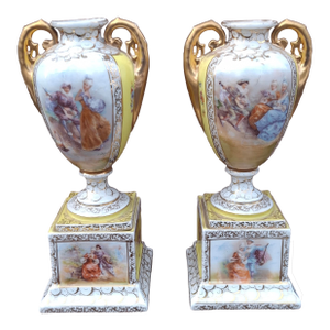 Pair Hand Painted Royal Vienna Porcelain Two-Handle Vases , Circa 1880s