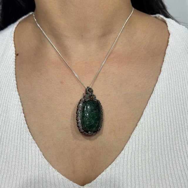 Handcrafted Carved 20.85 Ct Emerald Brooch Pendant With Diamond Accents For Sale - Image 10 of 13