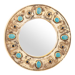 1970s Francis Lembo Gold Mirror With Turquoise and Black Inlay For Sale