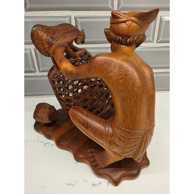 Wood Mid-Century Balinese Teak Cockfighter With Double-Rooster Openwork Cage Sculpture For Sale - Image 7 of 12
