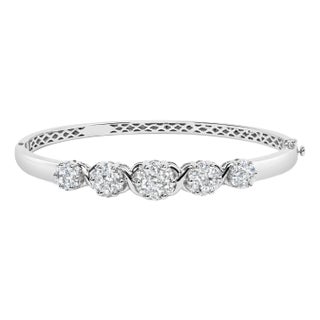 14K White Gold 2 1/2 Cttw Diamond Graduating Floral Cluster Bangle Bracelet - Fits Wrists up to 7.25 For Sale