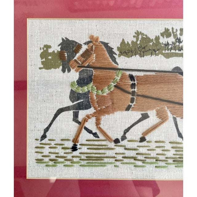 Wood Pair of 1960s Framed Handmade Crewel Embroidery, Horses With Sleigh & Carriage For Sale - Image 7 of 18