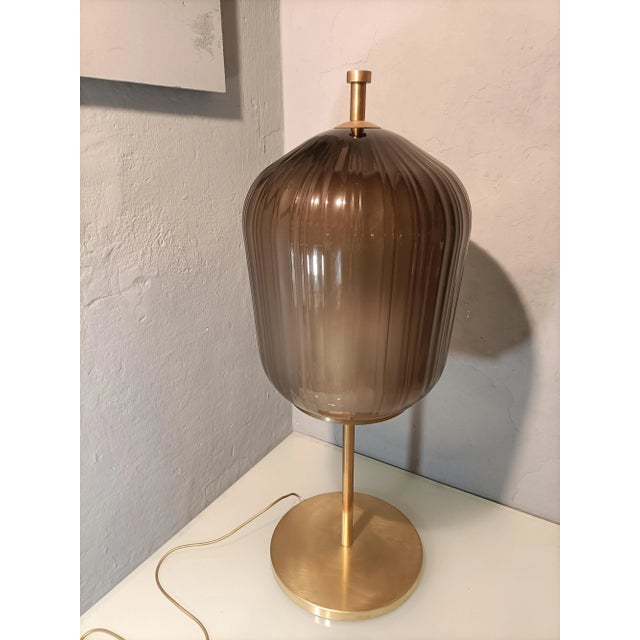 Brown Large Satin Brass & Ribbed Milky Glass Floor Lamp For Sale - Image 8 of 8