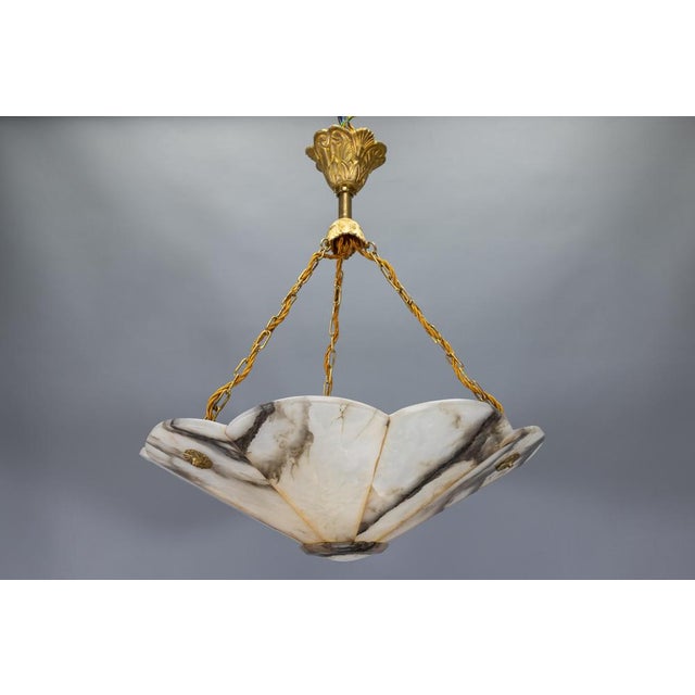 French Art Deco Black & White Veined Alabaster and Bronze Chandelier, 1920 For Sale - Image 14 of 18