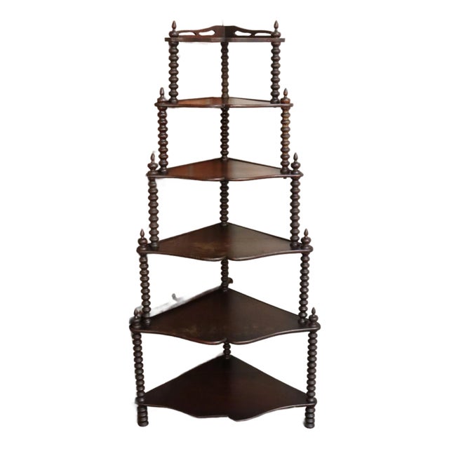 Antique French Six-Tier Stained Mahogany Spool Form Corner Shelf / Etagere For Sale