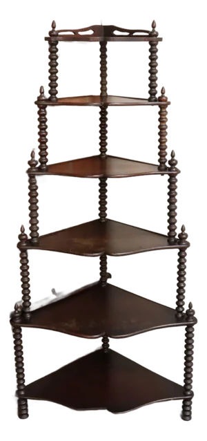 Antique French Six-Tier Stained Mahogany Spool Form Corner Shelf / Etagere
