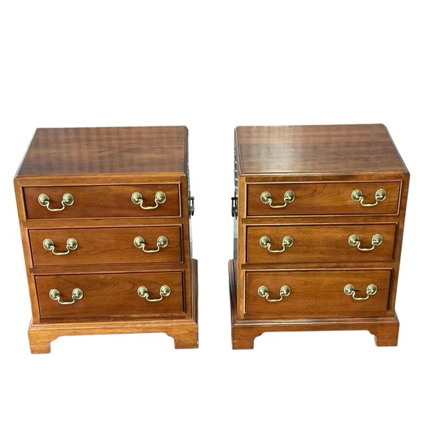 A pair of matching Stickley Chippendale 3-drawer chests Wood appears to be mahogany Hardware is brass 1990s vintage
