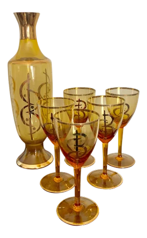 Gilt Amber Glass Vintage Decanter and Glasses Set - Set of 6