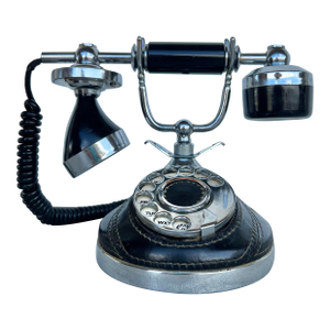 Mid 20th Century TelcerTelefonia Vimodrone Brass, Leather & Wood Phone from Italy