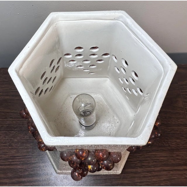 White Vintage 1960’s American Mid Century Modern Ceramic/Glass Grape Clusters Pagoda-Style Paneled Table Lamp For Sale - Image 8 of 10