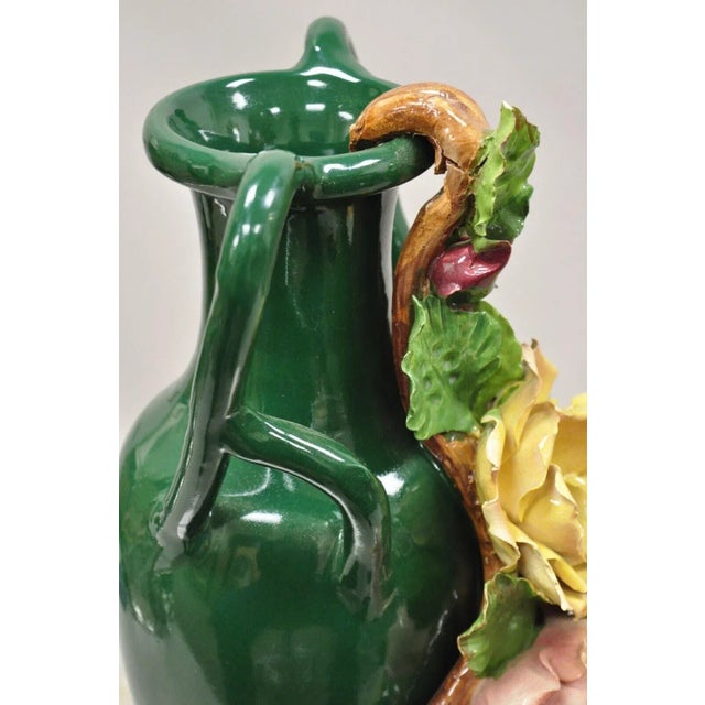 Vtg Victorian Style Green Ceramic Capodimonte 18" Vase With Pink Yellow Flowers For Sale - Image 12 of 13