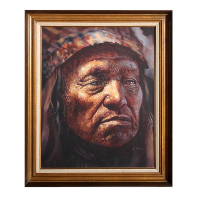 Jorge Braun Tarallo, American Indian Chief Portrait, Oil on Canvas For Sale