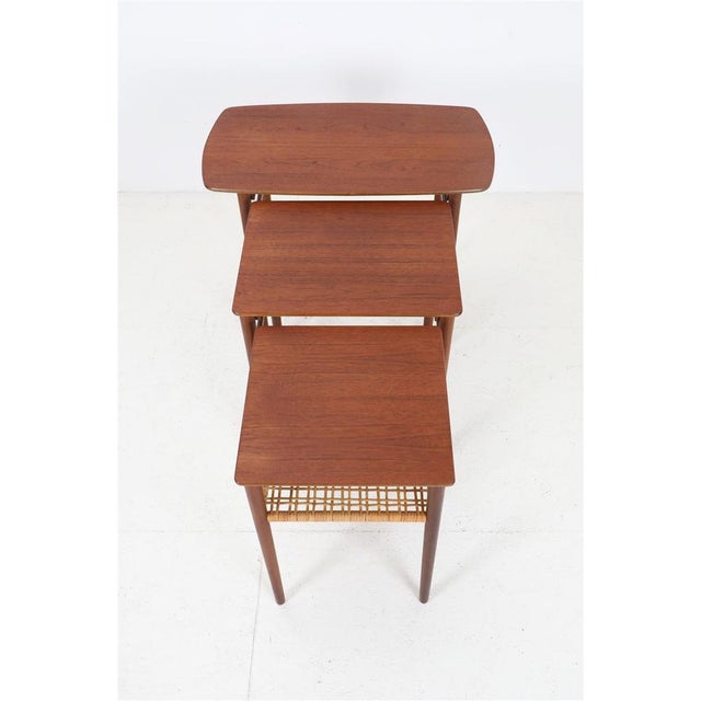 Wood Mid-Century Danish Teak Nesting Tables with Rattan Shelves, 1960s, Set of 3 For Sale - Image 7 of 18