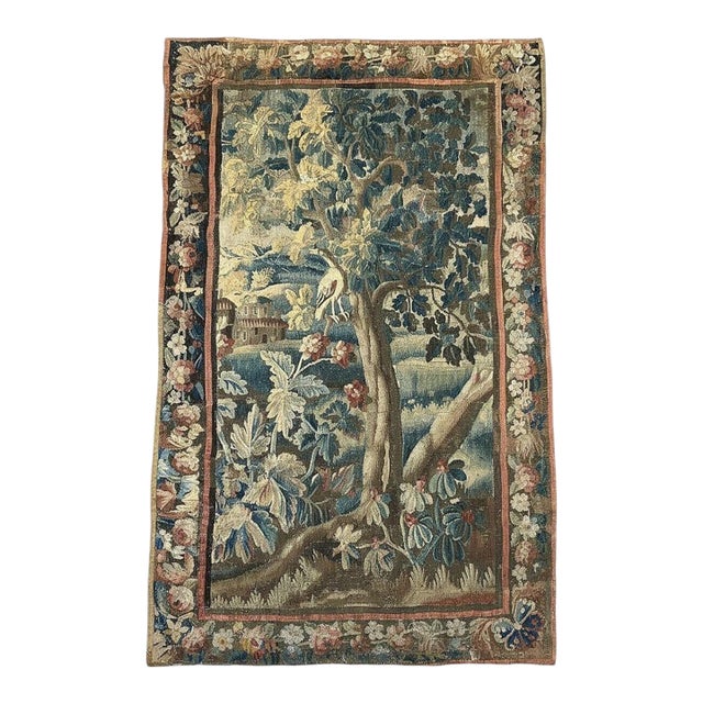 18th Century Franco-Flemish Verdure Tapestry With Bird in Flowering Landscape For Sale