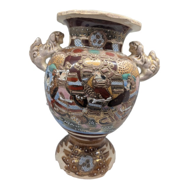 Antique Japanese Satsuma Moriage Vase With Samurai Scene & Figural Handles – 14” For Sale