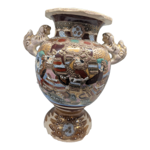 Antique Japanese Satsuma Moriage Vase With Samurai Scene & Figural Handles – 14”