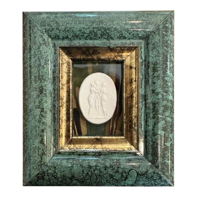 Vintage Petite Faux Green Marble Framed Neoclassical Grand Tour White Plaster Intaglio of the Three Graces on Marbled Endplate Paper For Sale