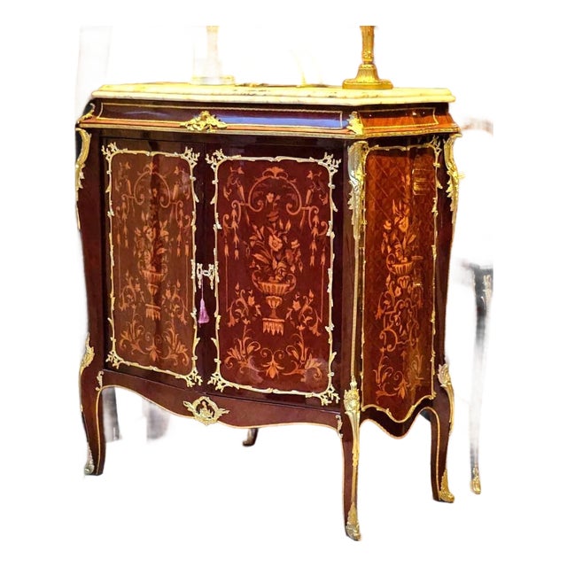 French Louis XV Cabinet – Floral Marquetry With Marble Top & Hand-Applied Gold Leaf Details For Sale