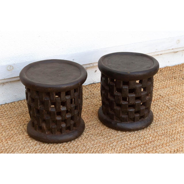 African Set of 2, Bamileke Carved Geometric Lattice End Tables For Sale - Image 3 of 7