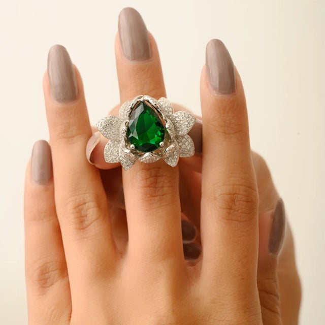 Carat&her Large Lotus Bonheur Ring With Pear Drop Gemstone & Cz Studded in Silver Size 7.5 For Sale - Image 6 of 12
