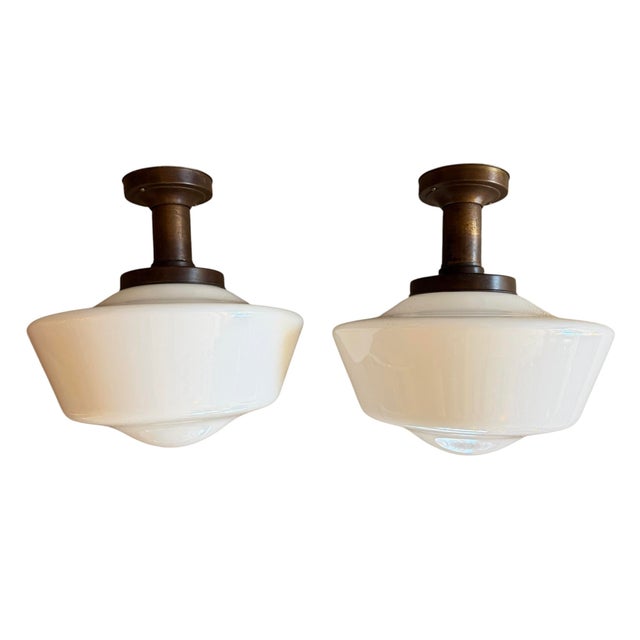 American Rare Antique Pair of Large Milkglass Flushmounts on Rustic Holders For Sale - Image 3 of 5