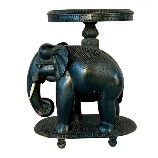 Early 20th Century Anglo-Indian Carved Ebonized Elephant Side Table For Sale - Image 4 of 15