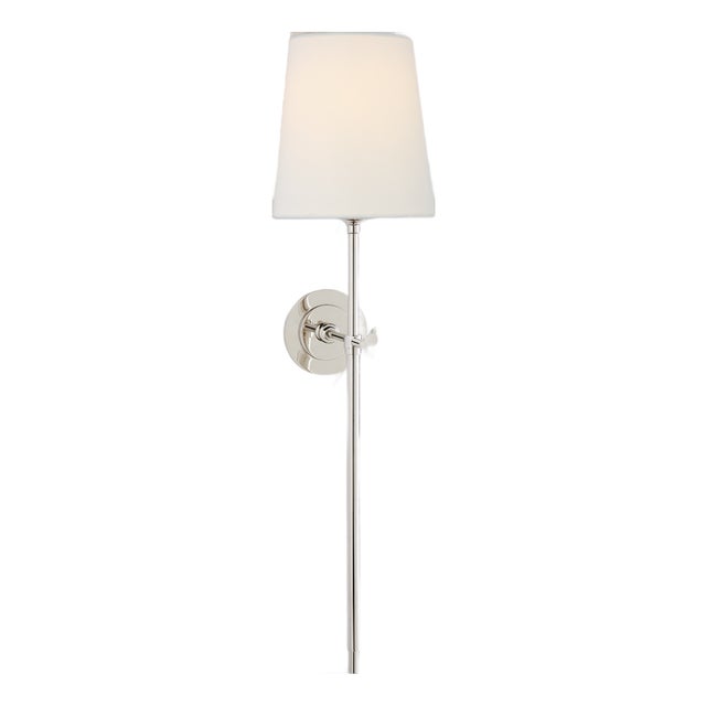 Thomas O'Brien for Visual Comfort Signature Bryant Large Tail Sconce in Polished Nickel with Linen Shade For Sale