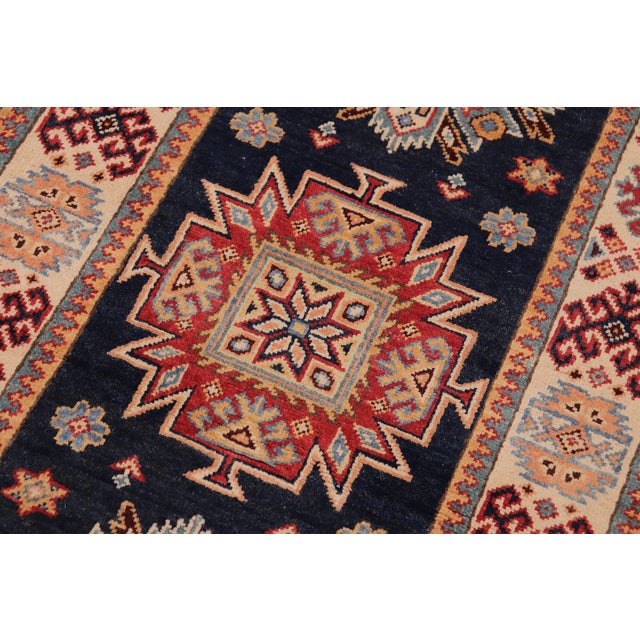 Bohemian Kazak Karina Blue/Beige Wool Runner Rug- 2'8''x7'9'' For Sale In New York - Image 6 of 10