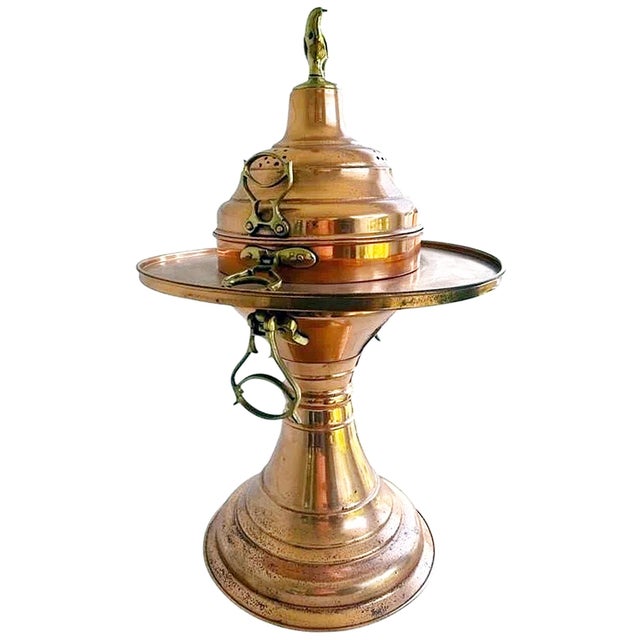 Rare and unusual temple-sized incense censer burner in solid copper and brass, removable burner section, brass carrying...