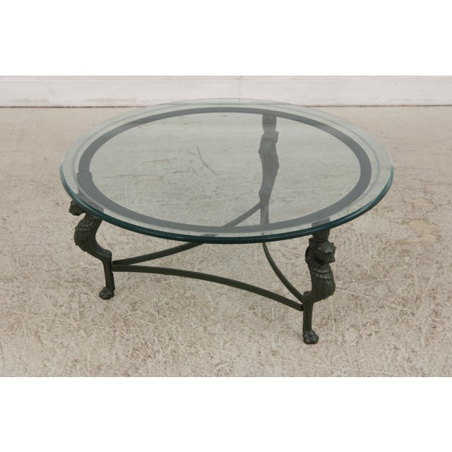 Traditional Round Iron & Glass Coffee Table W. Lion Heads For Sale - Image 3 of 14