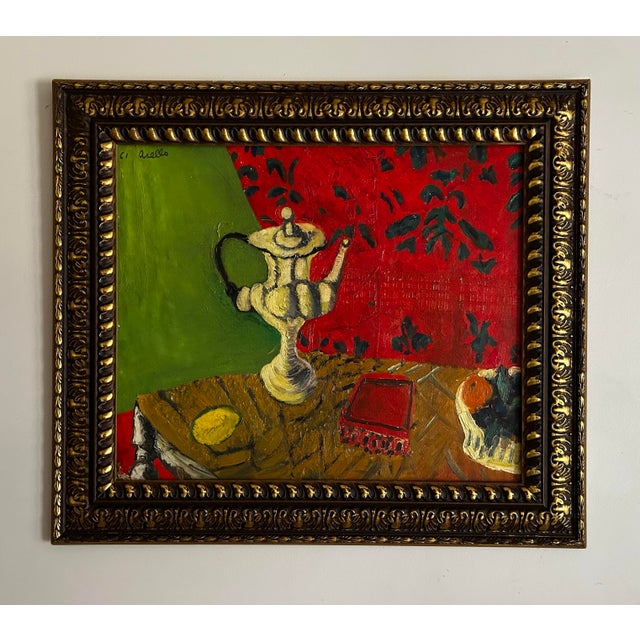Vintage 1961 oil painting on canvas board in the manner of Matisse. Heavy paint and strong lines with a red and green...