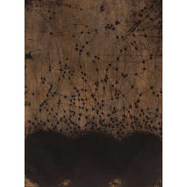 A 1996 limited edition etching by the Japanese-American artist Seiko Tachibana. Titled "Encounter," the work has a brown...