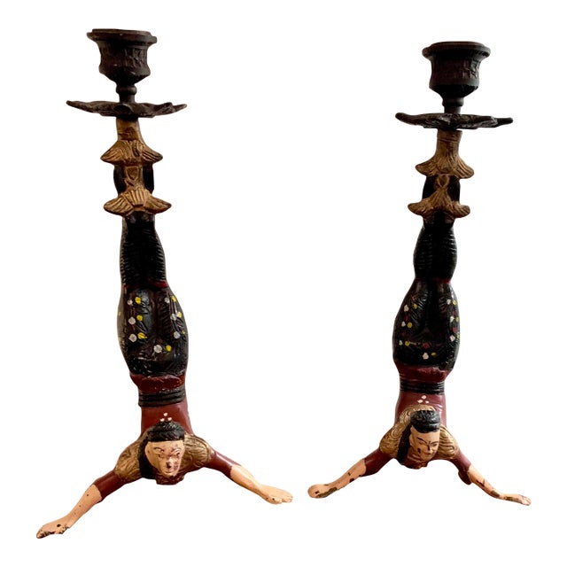 Antique Pair of Iron Chinese Acrobat Candle Holders For Sale