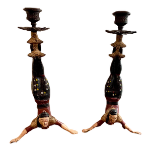 Antique Pair of Iron Chinese Acrobat Candle Holders