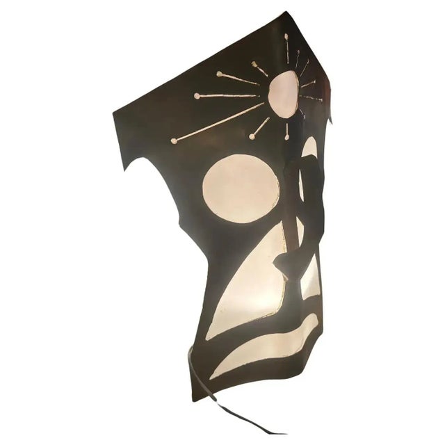 1980s Modernist Brass and White Plexiglass Tribal Mask Wall Light For Sale - Image 4 of 12