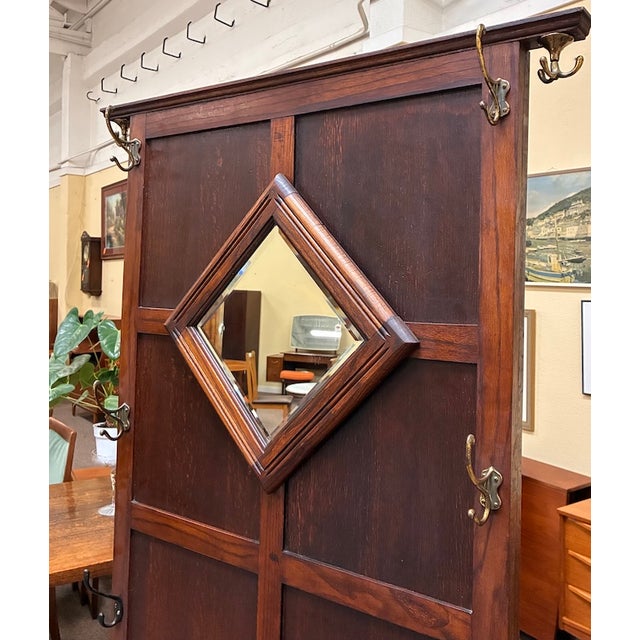 Wood Antique English Oak Hall Tree With Lift Top Seat, Umbrella Drip Trays, Mirror & Coat Hooks c.1920 For Sale - Image 7 of 8
