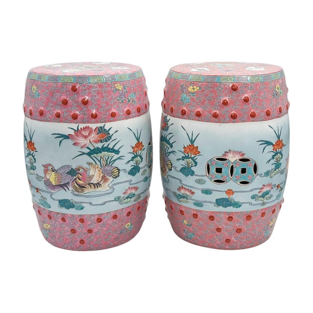 Chinoiserie Late 20th Century Pair of Famille Rose Porcelain Garden Stools With Floral and Figural Motifs For Sale - Image 3 of 11