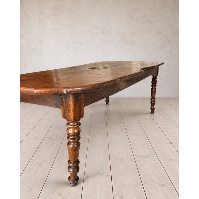 19th Century European Long Country Table With Turned Legs & Inset Brass Bowl For Sale - Image 4 of 11