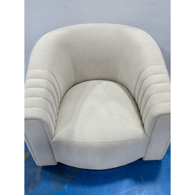 Stylish Caracole Large Modern Channeled Chair. Gray/White fabric, channeled sides. Showroom floor sample.